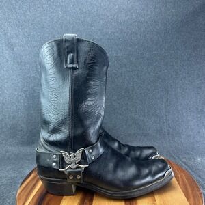 Texas All American USA Mens 13D Black Leather Harness Cowboy Boots Silver Eagle
